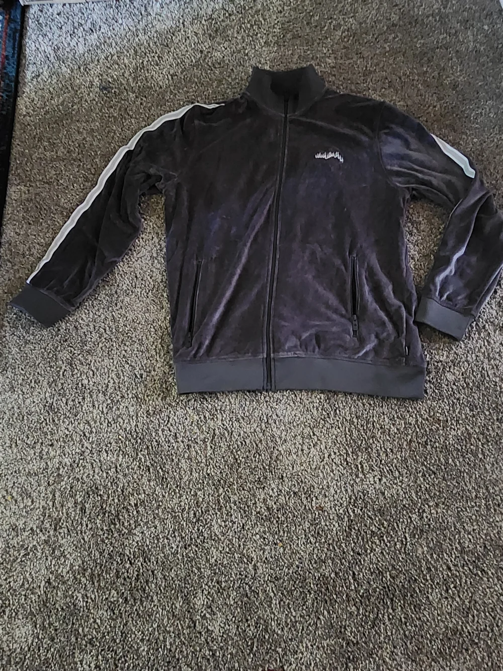 Men's Grey Velour Track Jacket And Pants Suit with Contrast Stripes